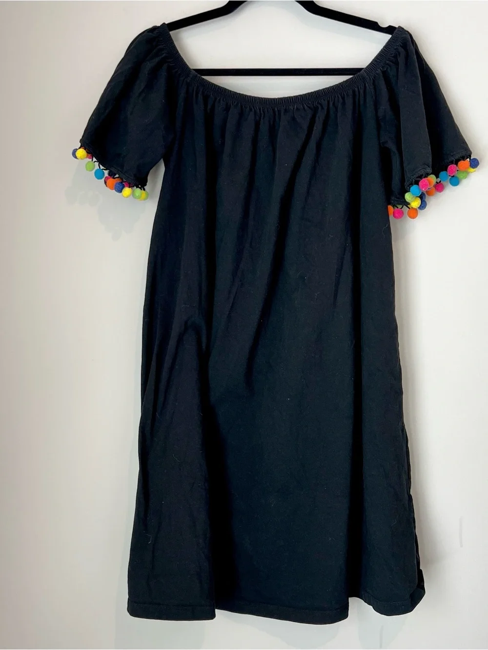 ASOS women’s Black Off the Shoulder Colorful Pom Pom Dress sz 6